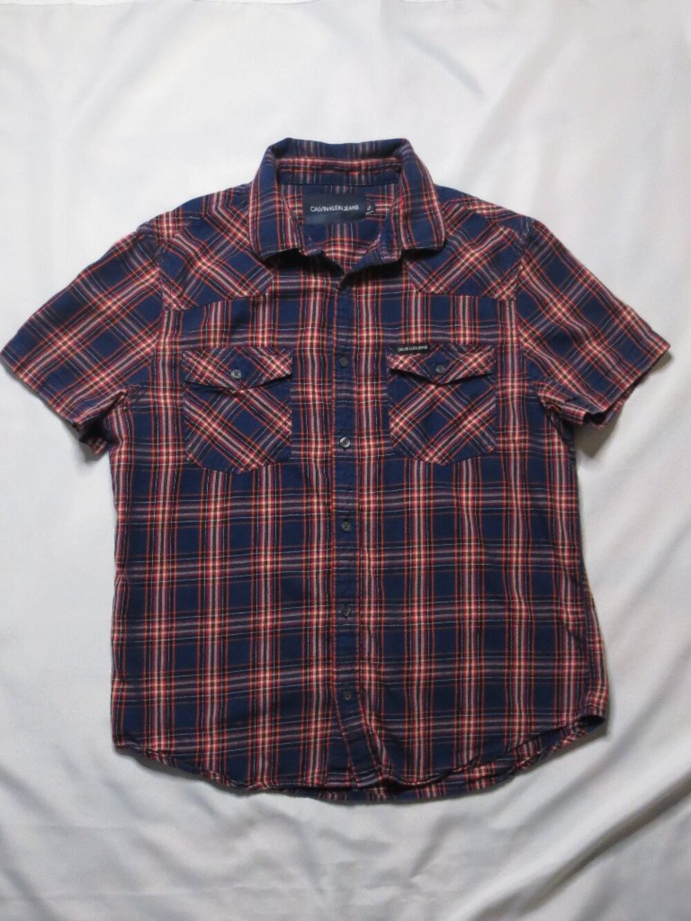 CALVIN KLEIN JEANS mens SHIRT blue PLAID red 4th of JULY button-down SIZE L